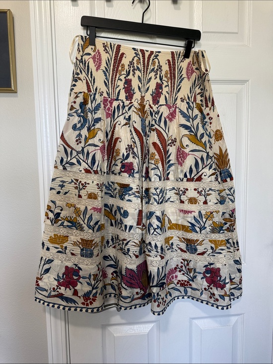 FARM Rio Dresses & Skirts - Farm Rio Shirred Tiered A-Line Midi Skirt Cream Multicolor Folk Print Lace Lg